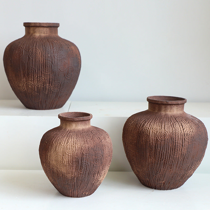 Brown rustic wabi-sabi style zen art artist handmade scupltural ceramic vase 34x30cm