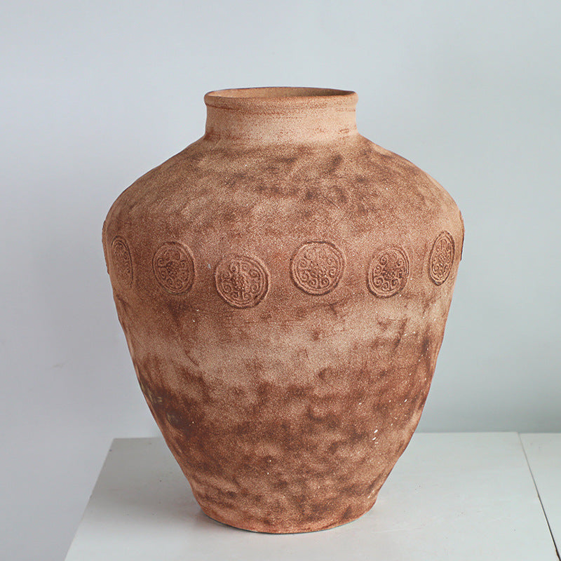 Brown hand-engraved coarse pottery art wabi-sabi style zen art artist handmade scupltural large ceramic vase 38x32cm