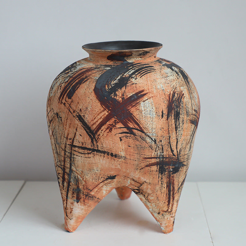 Orange and black rustic wabi-sabi style zen art artist handmade scupltural ceramic vase 36x26cm