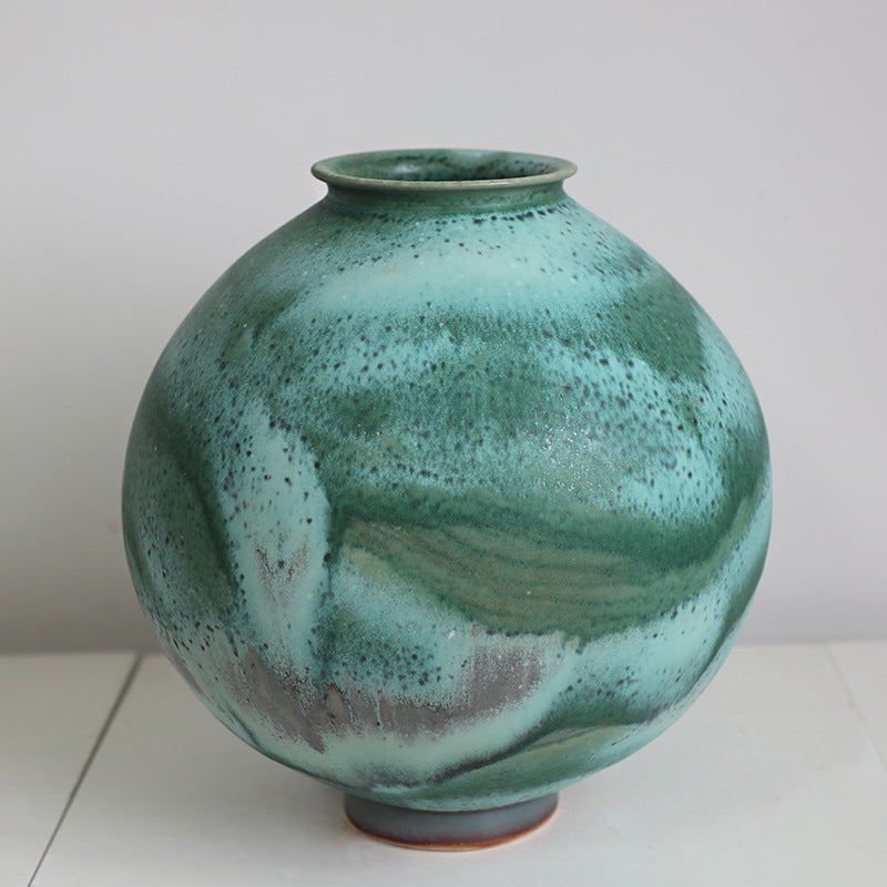 Green coarse pottery art rustic wabi-sabi style zen art artist handmade scupltural ceramic vase 31x28cm