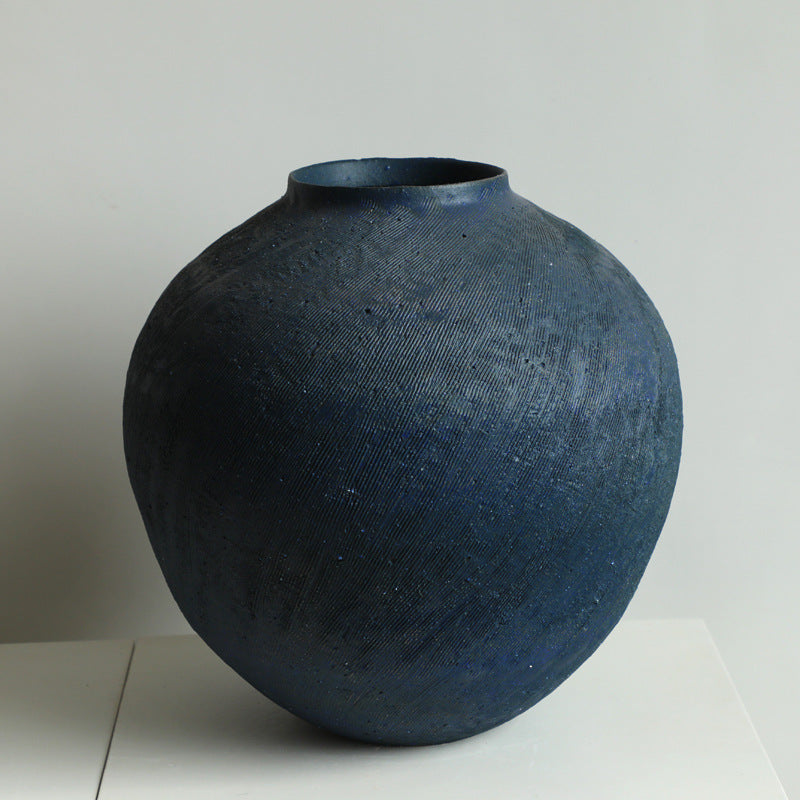 Dark Blue hand-engraved coarse pottery art rustic artist hand drawn handmade scupltural ceramic vase 37x32cm