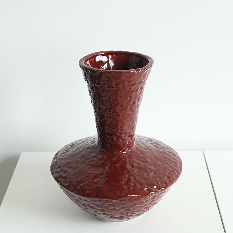 Red rustic wabi-sabi style zen art artist handmade scupltural ceramic vase 30x23cm