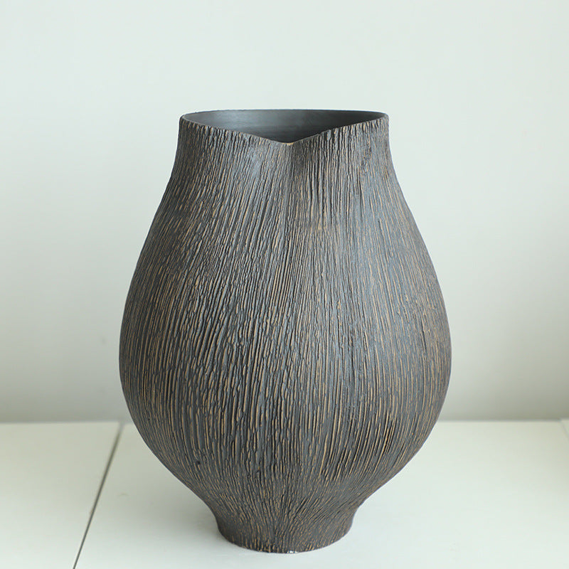 Grey hand-engraved coarse pottery art rustic wabi-sabi style zen art artist handmade scupltural ceramic vase 32x25cm