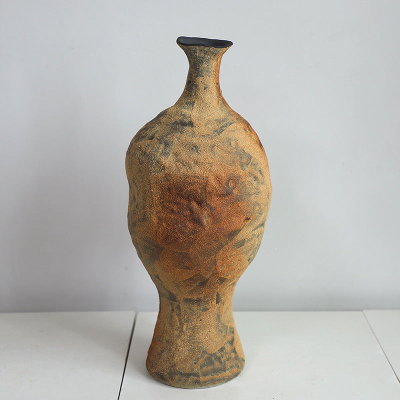 Rustic coarse pottery art wabi-sabi style zen art artist handmade scupltural large ceramic vase 49x20cm
