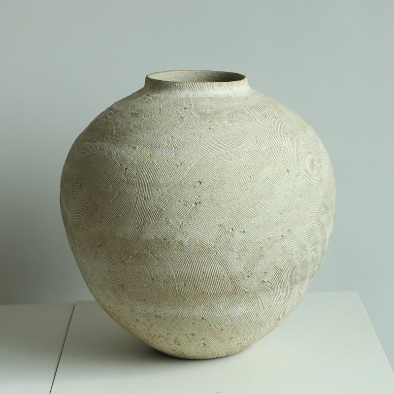 Beige hand-engraved coarse pottery art rustic artist hand drawn handmade scupltural ceramic vase 37x32cm