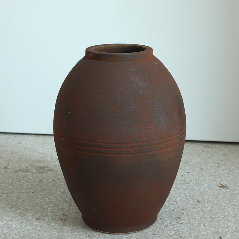 Dark red brown coarse pottery art rustic wabi-sabi style zen art artist handmade scupltural large floor ceramic vase 45x30cm