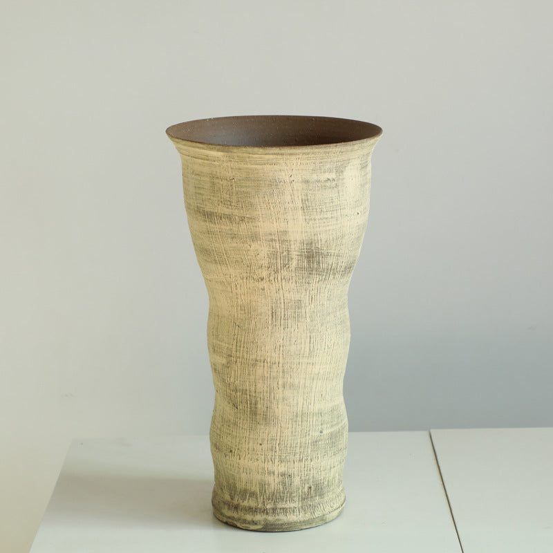 Beige rustic coarse pottery art wabi-sabi style zen art artist handmade scupltural ceramic vase 38x21cm