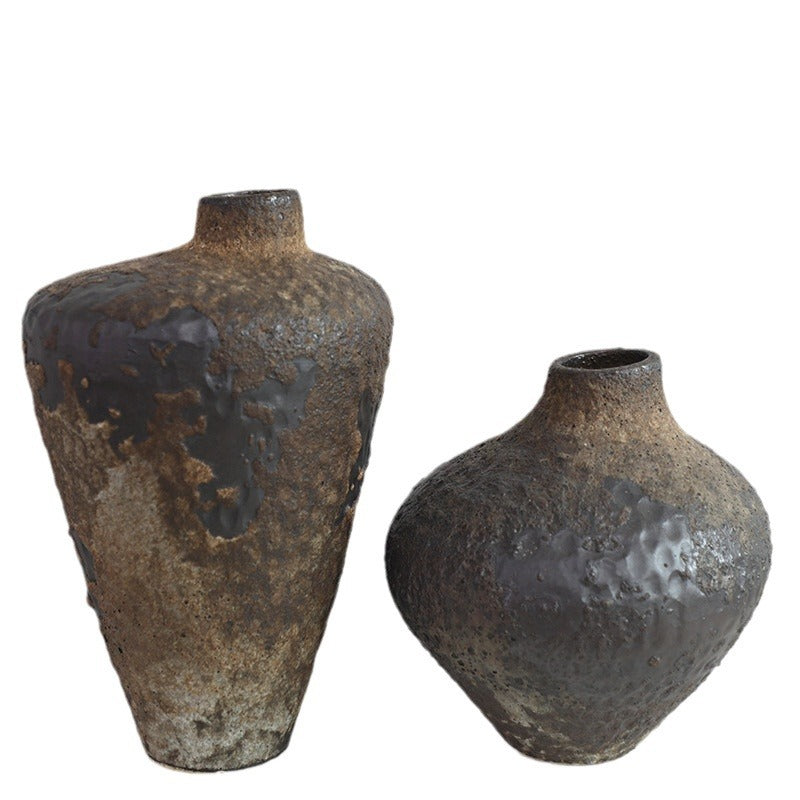 Brown rustic wabi-sabi style zen art artist handmade scupltural ceramic vase 34x21cm
