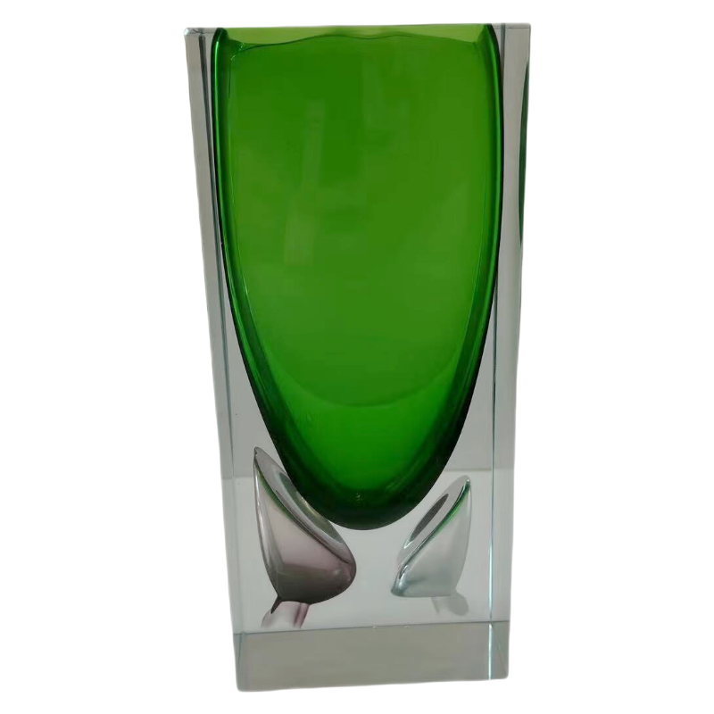 Green handmade hand blown square bubble decoration colored glaze glass vase 25x11cm