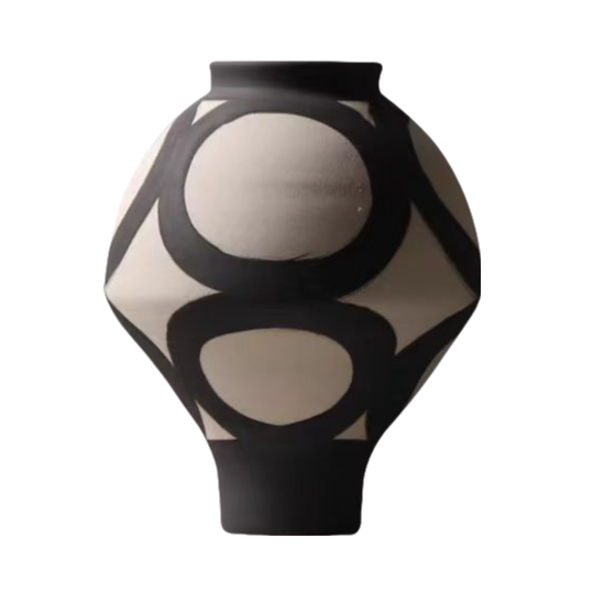 black and beige wabi-sabi style circle ink art abstract artist handmade ceramic vase 32x24cm