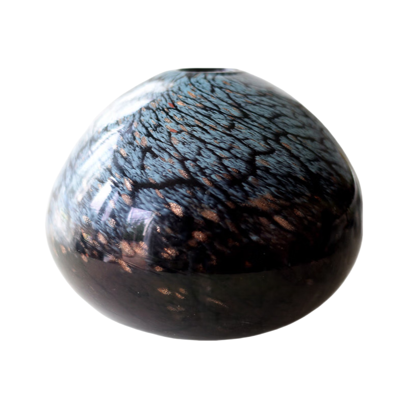 Blue black Gold-sprinkled mottled pattern handmade hand blown oval glass vase 18x22cm