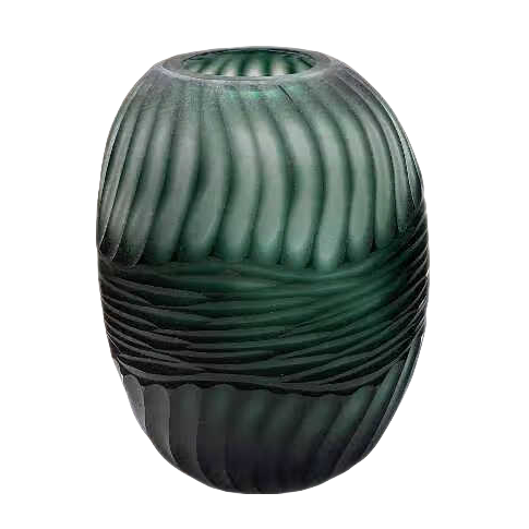 Green handmade hand blown carved oval glass vase - small 23x13cm
