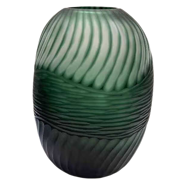 Green handmade hand blown carved oval glass vase - Large 29x19cm