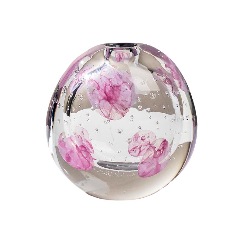 Transparent pink flower handmade hand blown round heavy colored glaze glass vase 19x20cm