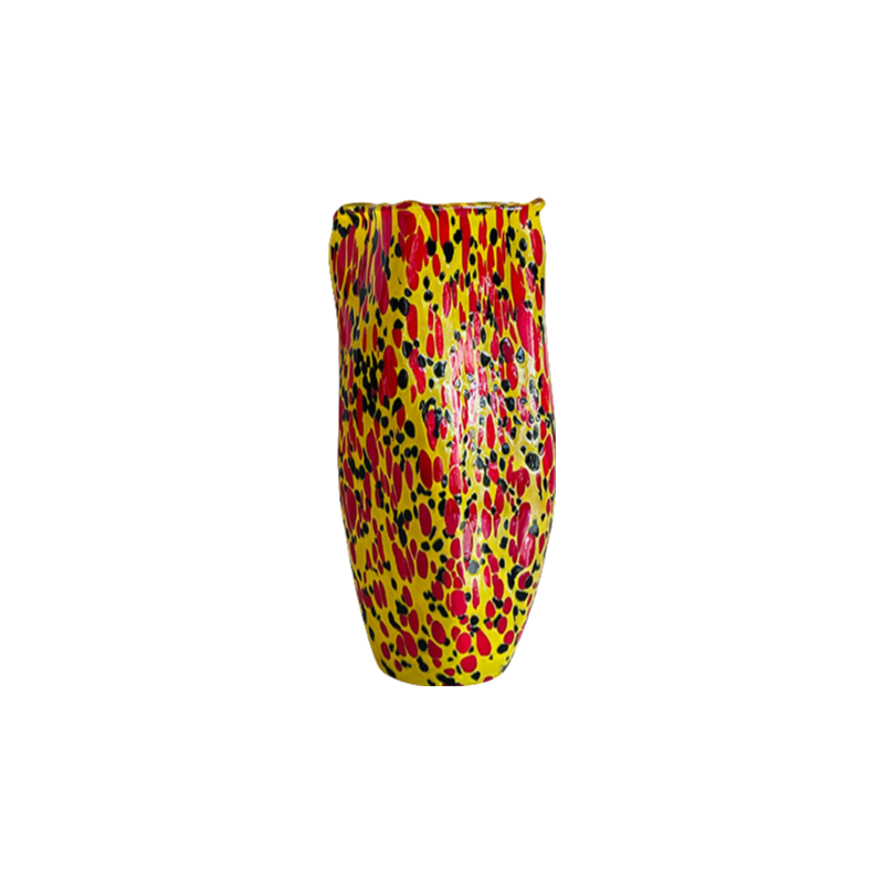 Red yellow and black handmade hand blown mosaic abstract dots irregular glass vase 20x7cm