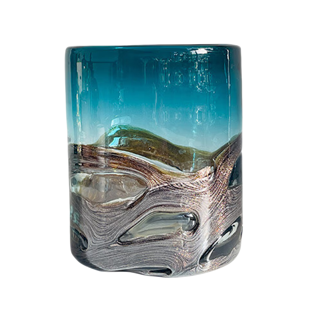 Green handmade hand blown Carved Glass Vase - The Sixth Space 20.5x17.5cm