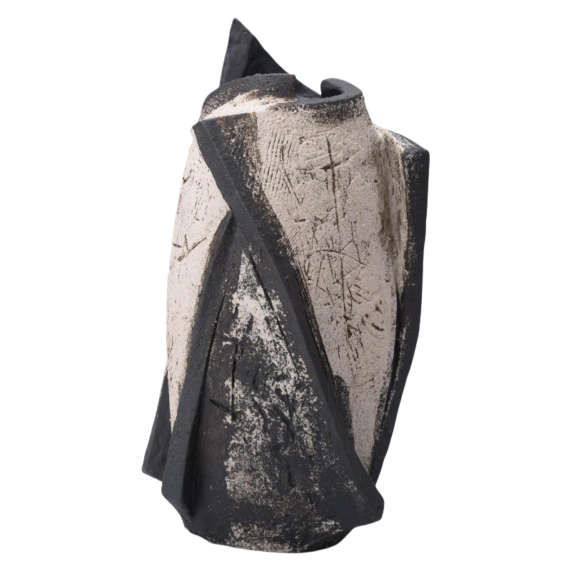 beige and black wabi-sabi style ink art abstract artist handmade ceramic vase 39x20cm