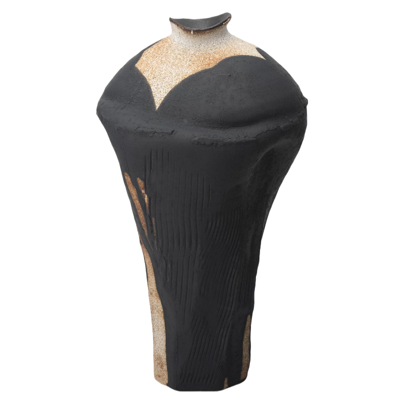 black and beige wabi-sabi style ink art abstract artist handmade ceramic vase 38x20cm