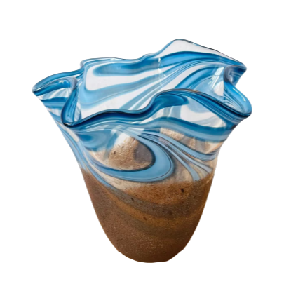 Blue with transparent handmade hand blown electroplated metal bottom flower basket shaped tall opening vase 40x20cm