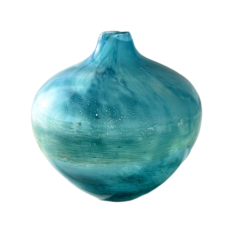 Green oval Bubble detail handmade hand blown glass vase 22x20cm