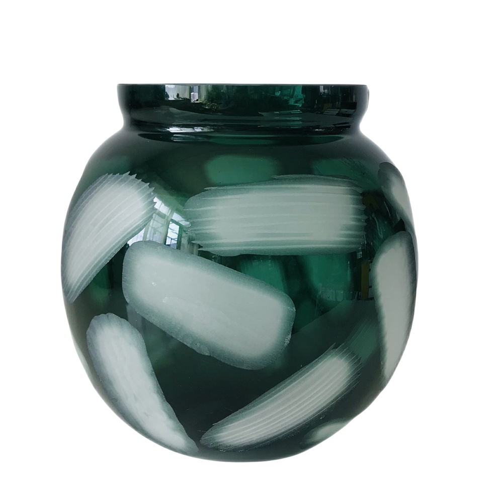 Green handmade hand blown carved round glass vase 25.3x25.5cm