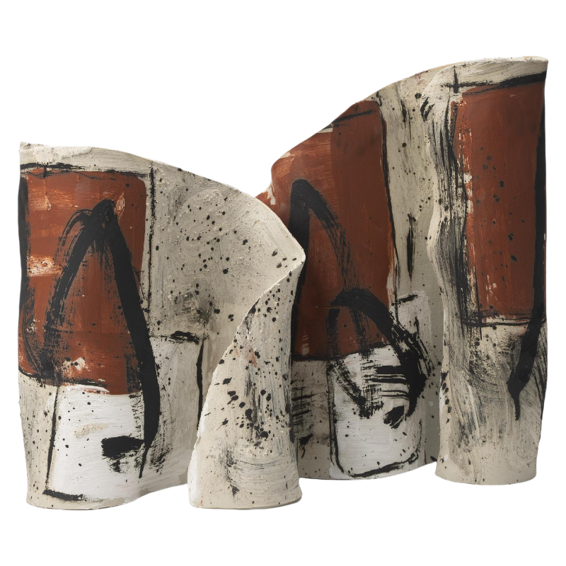 Red and white rustic wabi-sabi style abstract artist handmade ceramic scuplture 30x25cm (Left 1pc)