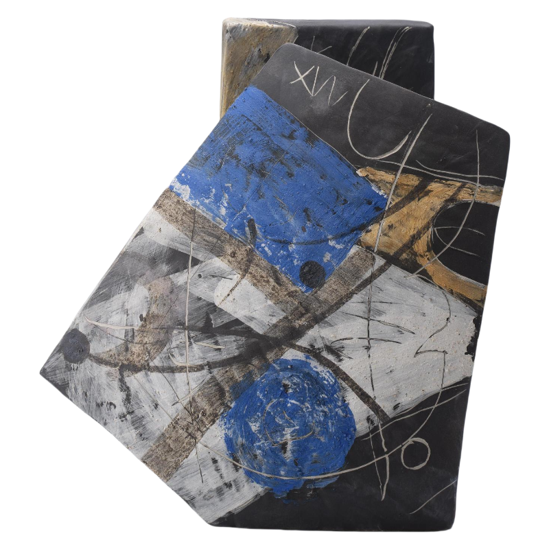 Black blue white rustic wabi-sabi style abstract artist handmade scupltural ceramic vase 35x25cm