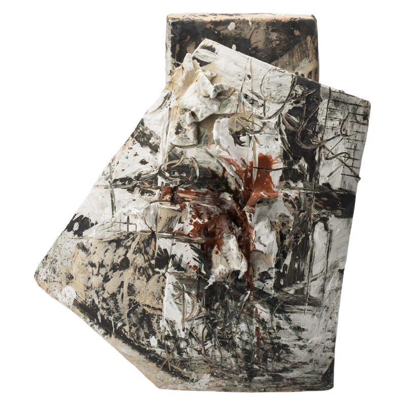Black and white rustic wabi-sabi style abstract artist handmade scupltural ceramic vase 35x25cm