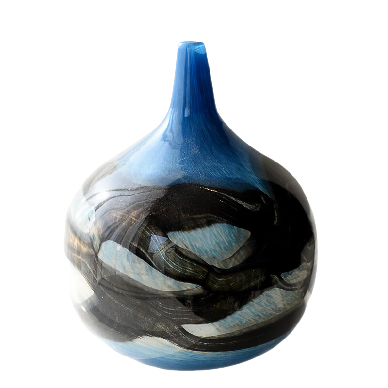 Blue and black round wave handmade hand blown Art Glass Sculpture 25x21cm