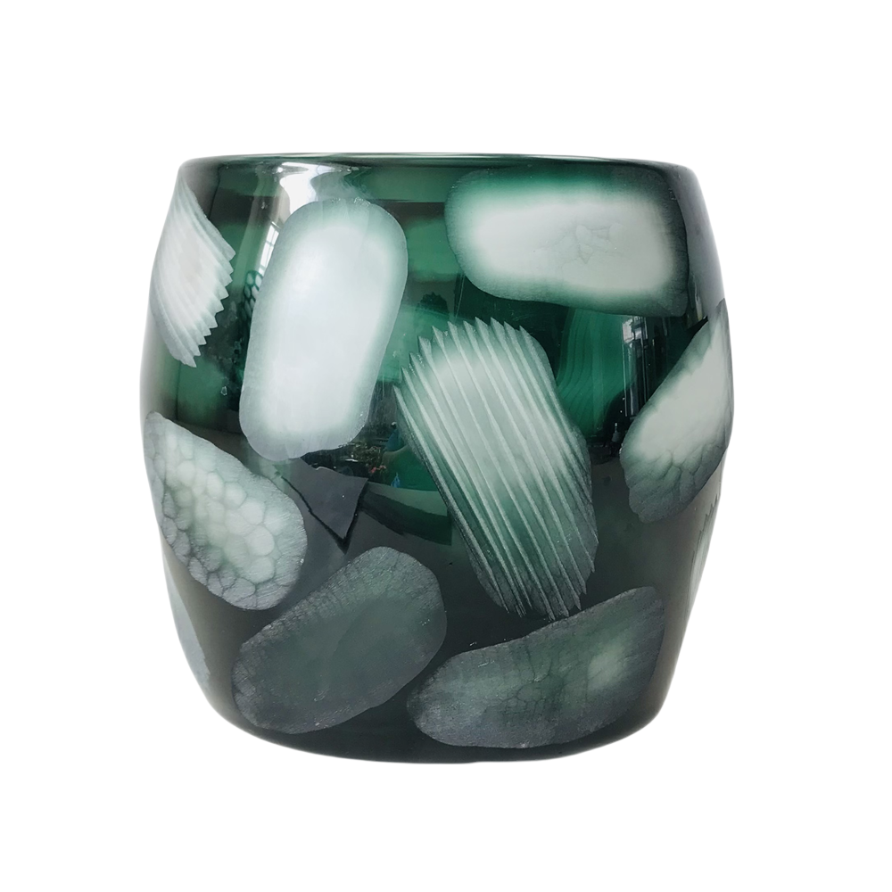 Green handmade hand blown carved square glass vase 26.8x24.5cm