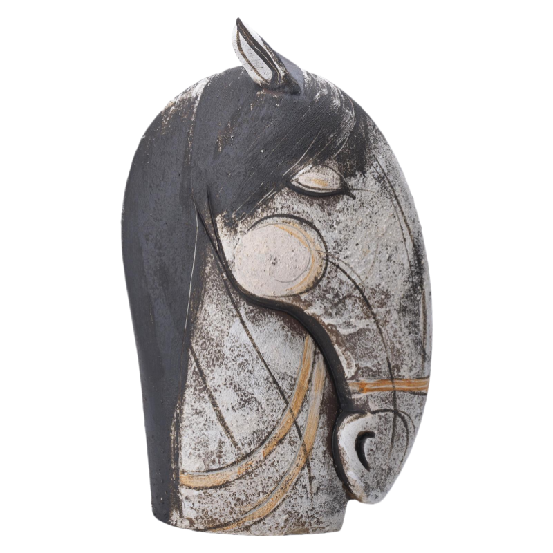 Black and grey rustic wabi-sabi style artist handmade ceramic horse scuplture 35x26cm