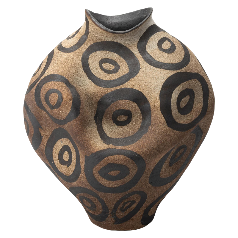 Brown and black circle wabi-sabi style ink art abstract artist handmade ceramic vase 33x26cm