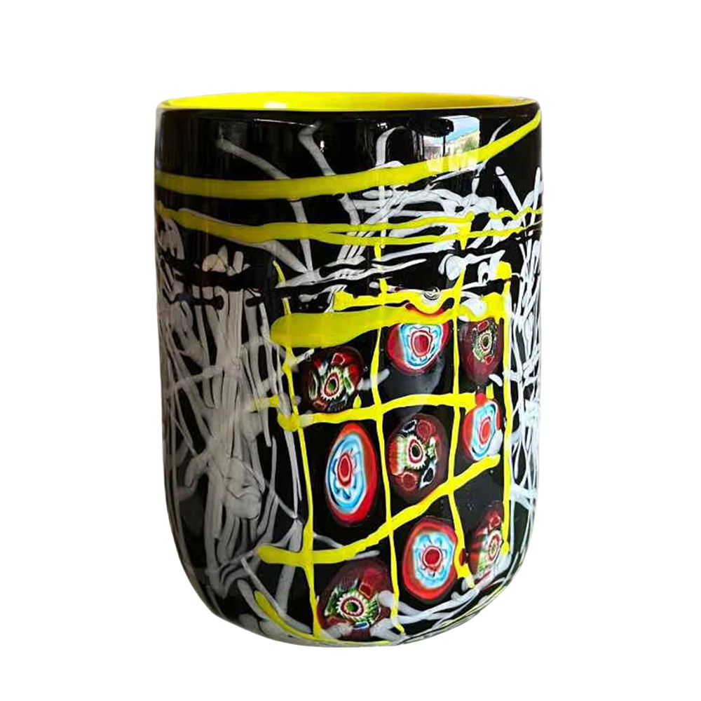 Yellow and black artist handmade hand blown graffiti abstract heavy colored glaze glass vase 26x18cm