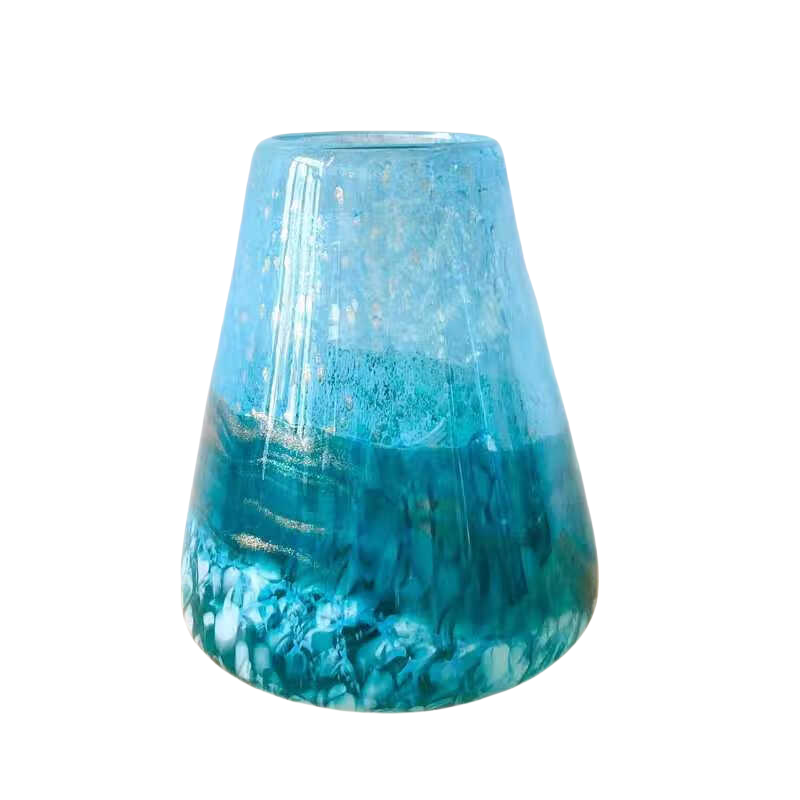 Blue Gold sprinkled abstract conical handmade hand blown vase 27.5x19cm