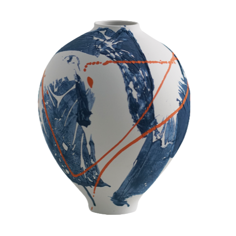 Blue white wabi-sabi style ink art abstract artist handmade ceramic vase 27x21cm