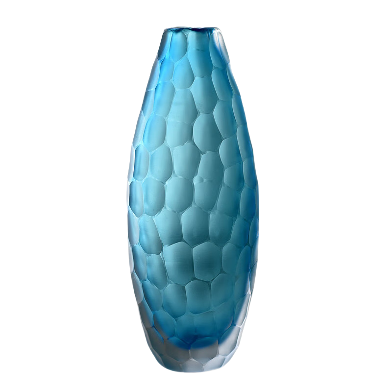 Blue handmade hand blown hand-carved water ripple ice and snow shapeglass vase 28x11cm