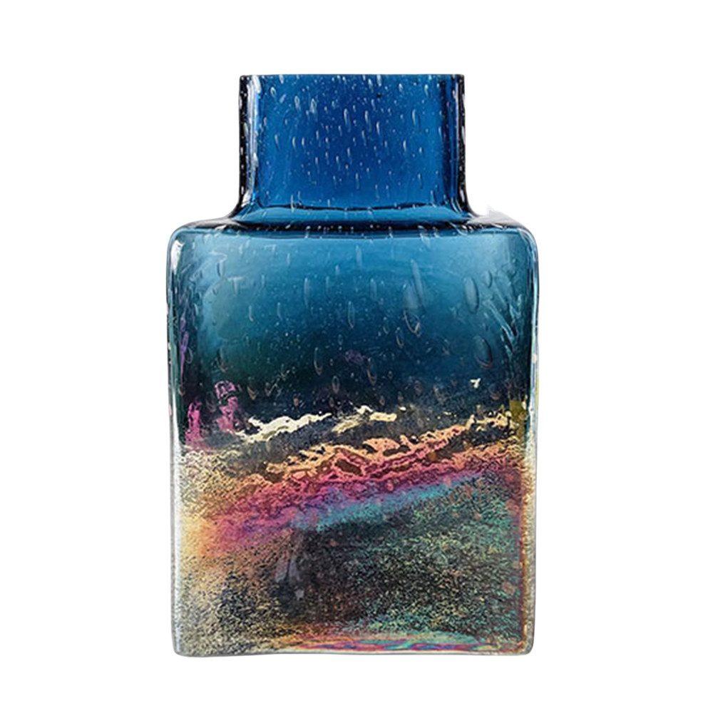 Blue Electroplating futuristic colorful rectangular handmade hand blown glass vase 28x18cm