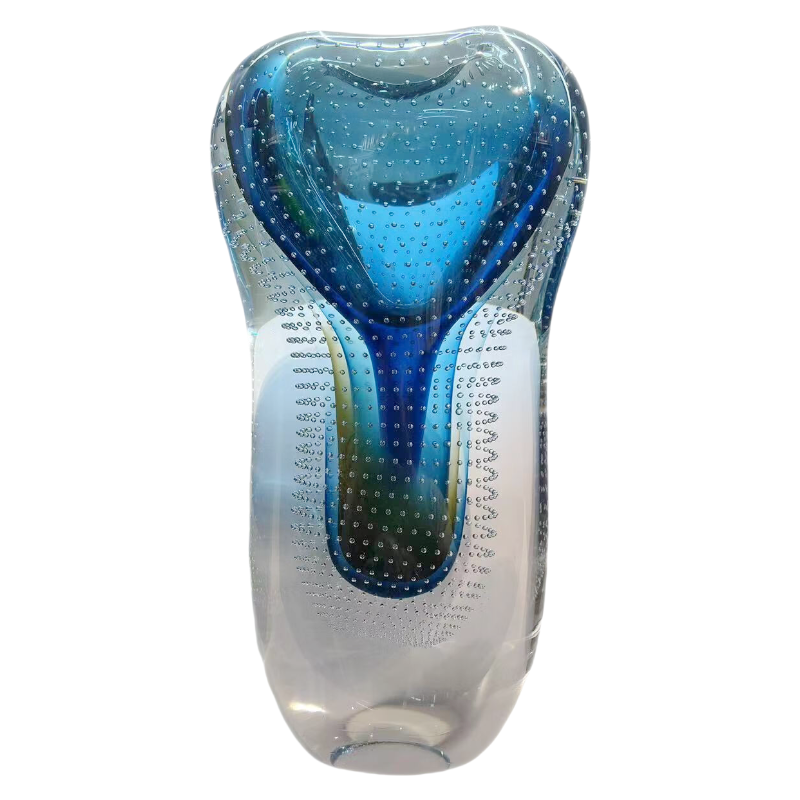 Blue transparent handmade hand blown bubble artist colored glaze heavy glass vase 29.5x15cm