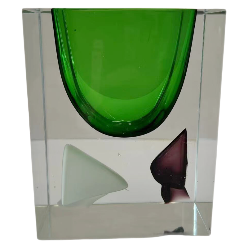 Green handmade hand blown square bubble decoration colored glaze glass vase 14.2x11cm