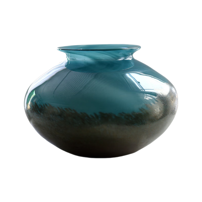 Green Low Round Elegant Gradient handmade hand blown Glass Vase 13.5x20cm