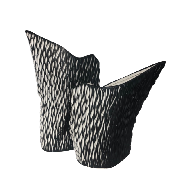 Black handmade artist hand carving ceramic sculptural vase for dry flowers 37x23.5cm (The Left 1pc)