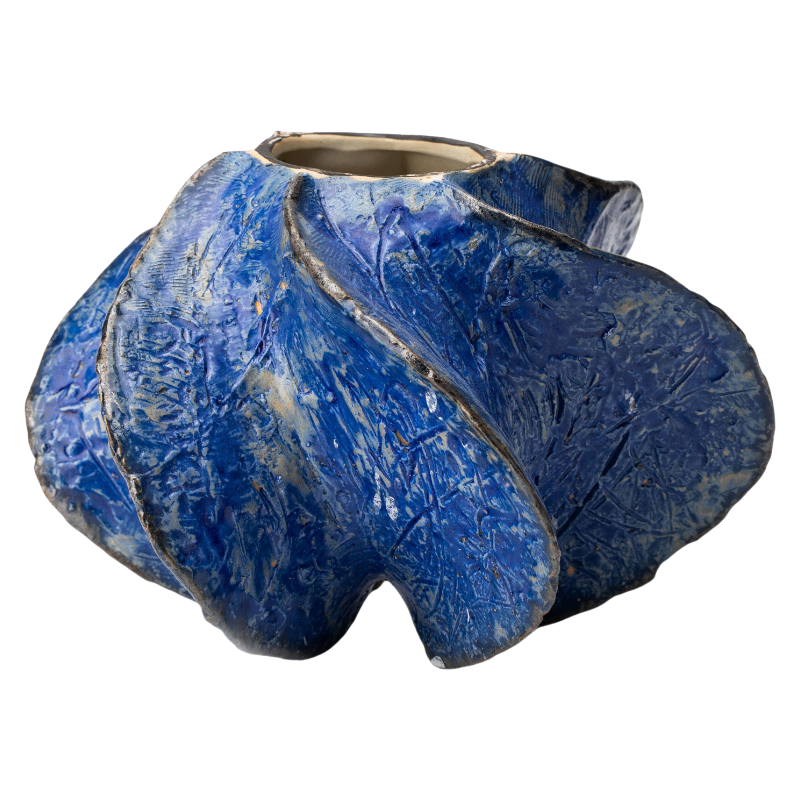 Blue wabi-sabi style rustic art abstract artist handmade ceramic vase 21x30cm