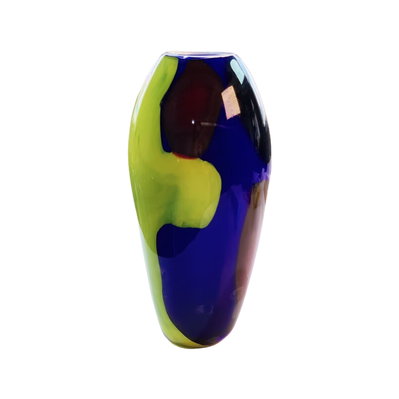 Green and Blue Artist handmade hand blown Oval heavy colored glaze glass vase 30x14cm