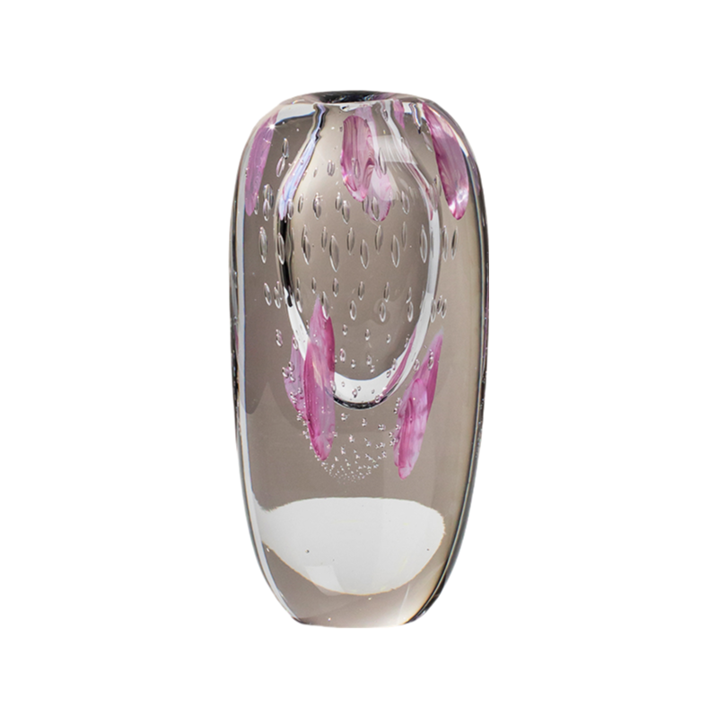 Transparent pink flower handmade hand blown oval heavy colored glaze glass vase 30x15cm