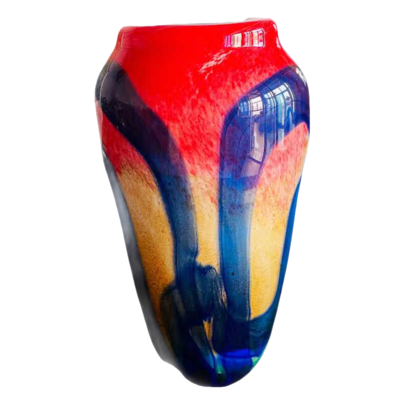 Red Blue handmade hand blown Art Painting Artist Oval heavy colored glaze glass vase 30x18cm