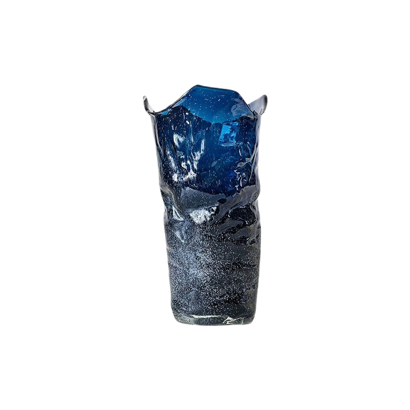 Blue Pleated paper handmade hand blown art irregular frosted electroplated straight glass vase 31x15.5cm