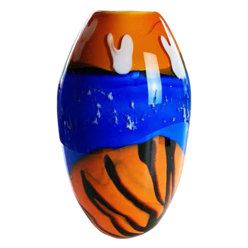 Orange blue handmade hand blown Tiger-print abstract medieval oval heavy colored glaze glass vase 32x18cm