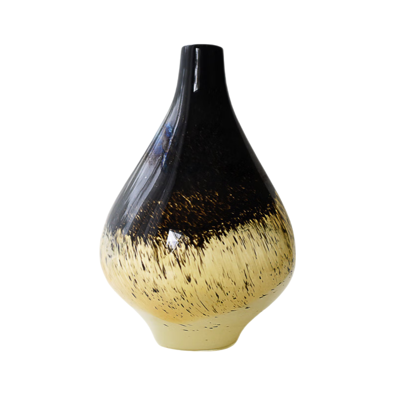 Yellow and black handmade hand blown traditional shape glass vase 33x20cm