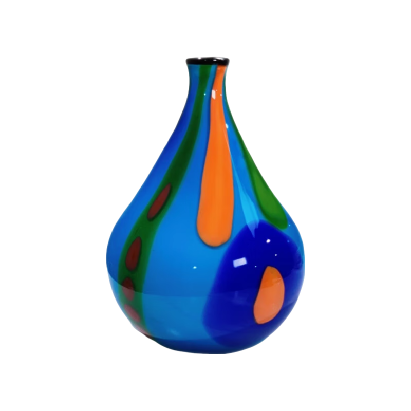 Blue orange green Pop Art oval artist handmade hand blown heavy colored glaze glass vase 33x23cm