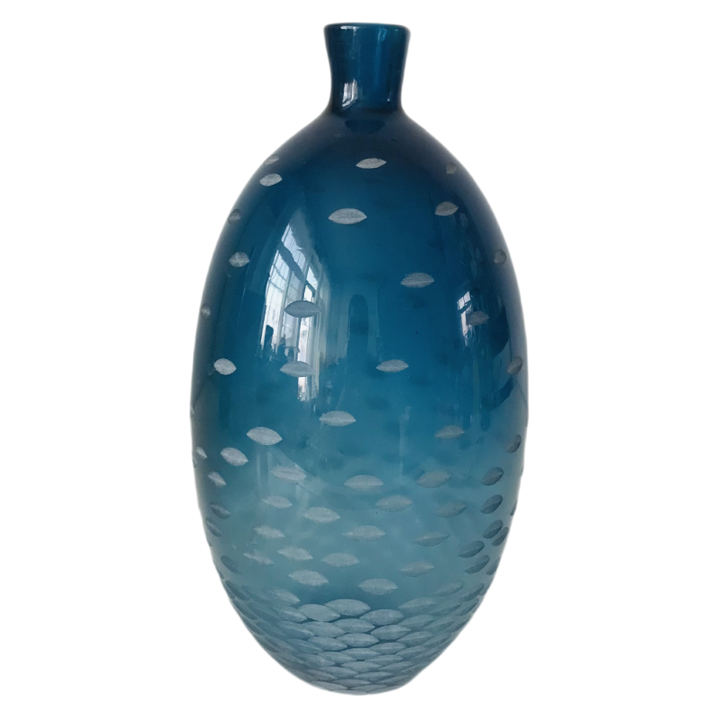 Blue Carved balloon design handmade hand blown glass vase 30.5x16cm